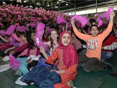 Grade six students (front row) from Ethel Milliken School shout and cheer during a Red Cross Day of Pink rally held at the University of Regina on Tuesday Feb. 23, 2016.