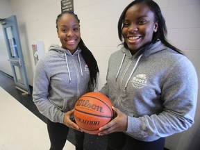 Kyia (left), and Kyanna Giles are both high school basketball players, they are pictured at Sisler High School, in Winnipeg.  Wednesday, February 17, 2016.   Sun/Postmedia Network