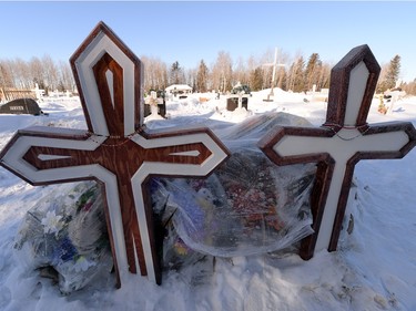 The grave markers for Dayne and Drayden Fontaine at the cemetery in La Loche  on Tuesday.  The pair were two of four killed in a shooting on Jan. 22nd in La Loche.