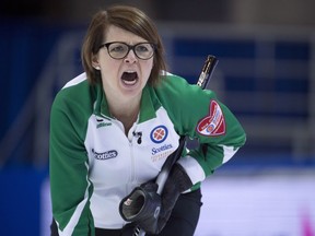 Saskatchewan skip Jolene Campbell calls a shot during the 14th draw against Newfoundland and Labrador at the Scotties Tournament of Hearts in Grande Prairie, Alta. Thursday, Feb. 25, 2016.