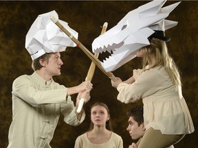 Mayson Sonntag, left, as the Lion Prince, Valeria Honchar, centre, as The Lady, and Jillian Warawa and Victor Salazar, right, as the Dragon Princess, star in Grimm Tales, the latest production from Do It With Class young People's Theatre.