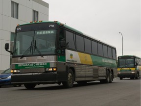 Saskatchewan Transportation Company buses arrive at the bus terminal in downtown Regina.
