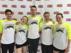 Noah Choboter (left to right), Lexy King, Brent Hill, Chris Myers and Eva Madar are representing the University of Regina Cougars at the CIS swimming championships in Quebec City.