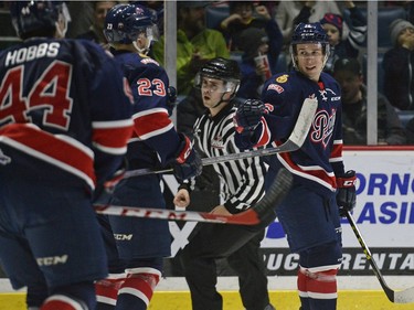 Regina Pats forward Cole Sanford (26) celebrates a goal against the Edmonton Oil Kings during a game held at the Brandt Centre in Regina on Sunday Feb. 21, 2016.