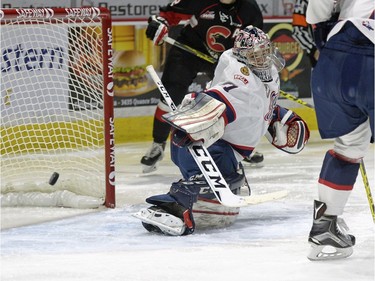 Regina Pats goalie Tyler Brown (31) steers the puck away from the net during a game held at the Brandt Centre in Regina on Saturday Feb. 6, 2016. MICHAEL BELL