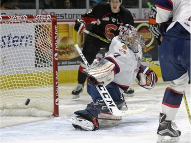 Regina Pats goalie Tyler Brown (31) steers the puck away from the net during a game held at the Brandt Centre in Regina on Saturday Feb. 6, 2016.