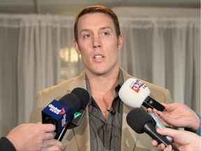 Former Saskatchewan Roughriders and now Edmonton Eskimos receiver Chris Getzlaf speaks with reporters at Mosaic Stadium on Friday.