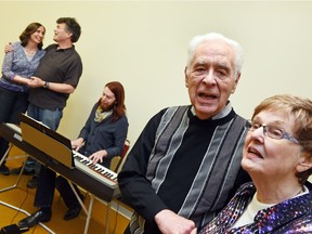 Margaret Anne and Edward Willett l(eft), pianist Josh Hendricksen along with Owen and Celia Ricker during a rehearsal of Isn't It Romantic, the latest production from Regina Lyric Musical Theatre in Regina.