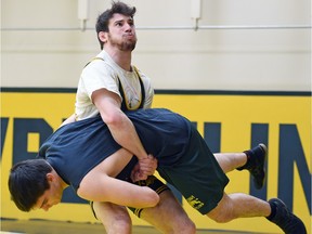 University of Regina Cougars wrestler Gaelan Malloy (with beard) has returned to the program after three years away.