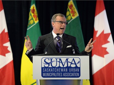 Premier Brad Wall delivers a speech at the SUMA convention held at the Queensbury Convention Centre in Regina on Monday.