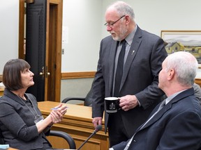 REGINA SK: FEBRUARY 10, 2016 -- Provincial auditor Judy Ferguson (L), Deputy Chair of the Public Accounts Committee Larry Doke (C) Kelly Deis (R) with the Provincial auditor's office at the  Standing Committee on Public Accounts meeting where they will look at the Global Transportation Hub land deals at the Saskatchewan legislative building in Regina on Feb 10, 2016.  (DON HEALY)