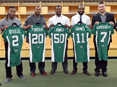 Newly signed Saskatchewan Roughriders Curtis Steele, Otha Foster, Greg Jones,  Ed Gainey and Justin Capicciotti.