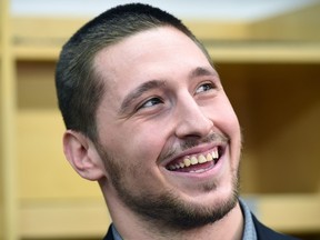 Defensive end Justin Capicciotti, shown here during his introductory media conference Feb. 11, gives the Saskatchewan Roughriders a solid Canadian starter on defence.