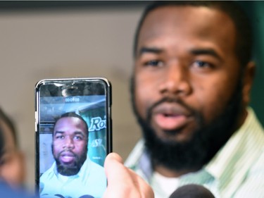 Newly signed Saskatchewan Roughriders defensive end Shawn Lemon at Mosaic Stadium in Regina on February 17, 2016.