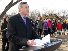 Education Minister Don Morgan speaking about the start of construction of École Connaught Community School at the site of both the new and the old Connaught Community School at 13th Avenue and Elphinstone Street.