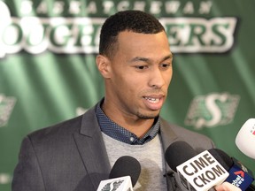 Saskatchewan Roughriders receiver Jeremy Kelley, shown here during his introductory media conference on Feb. 9, could help the CFL team's offence in the area of ball control.