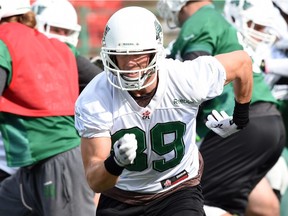 Free-agent receiver Chris Getzlaf, shown here during a Saskatchewan Roughriders practice in October, may be on the verge of joining the Edmonton Eskimos.