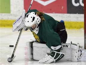 University of Regina goaltender Toni Ross, shown here during a practice in November, backstopped the Cougars to a quarterfinal victory over the University of Calgary Dinos on the weekend.