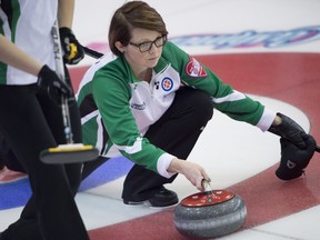 Saskatchewan skip Jolene Campbell makes a shot during the 12th draw against P.E.I. at the Scotties Tournament of Hearts in Grande Prairie, Alta. Wednesday, Feb. 24, 2016.