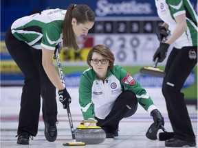 Saskatchewan skip Jolene Campbell makes a shot