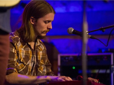 Shamus Currie, of the Sheepdogs, plays keyboard at Village Guitar and Amp on Saturday, February 13th, 2016.