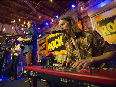 Shamus Currie, of the Sheepdogs, sings and plays keyboard at Village Guitar and Amp on Saturday, February 13th, 2016.