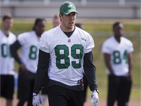 Slotback Chris Getzlaf, shown here during the Saskatchewan Roughriders' training camp in 2015, has signed a free-agent contract with the Edmonton Eskimos.