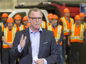 Premier Brad Wall is pictured with workers during a highway twinning announcement on March 12, 2015.