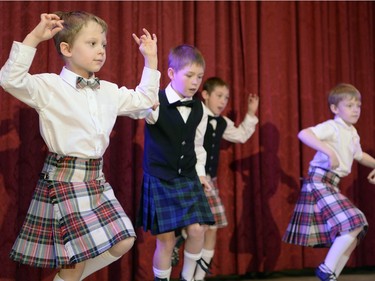 Blake Schneider, left, and other boys from Clark's Clan of Scottish Dance perform during the annual Spring Free from Racism event held at the Italian Club in Regina on Sunday March 20, 2016.