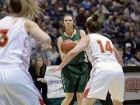 University of Regina Cougars guard Katie Polischuk, shown here during a playoff game against the Calgary Dinos on March 5, had 14 points in a losing cause Saturday in the Canada West women's basketball final.