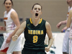 University of Regina Cougars guard Kehlsie Crone disagrees with a call during the second game of a Canada West quarterfinal against the Calgary Dinos on Saturday.