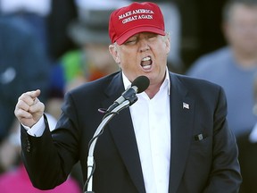 Republican presidential candidate Donald Trump speaks during a rally in Madison, Alabama.