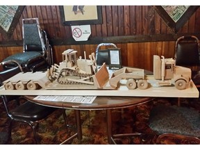 Ken Martin's handcarved wooden sculptures are a hit each year at the Fife Lake Hotel's auction fundraiser for Telemiracle. In 2015, he carved a semi-trailer. In 2016, he carved a train.