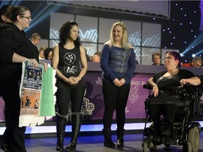 Nicole Bear, right, on stage with Andrea Neustaeter, left, and Genevieve Hoeber and Morgan Reichert, center, during the live broadcast of Telemiracle in Regina on Sunday March 6, 2016.
