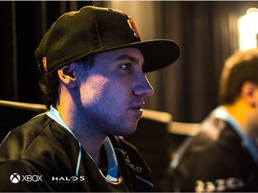 Mathew 'Royal 2' Fiorante (left) competes at the Halo World Championship in Hollywood, CA. Fiorante's team, Counter Logic Gaming, won first place and $1 million on March 20, 2016. (Photo courtesy Microsoft)
