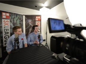 Peter Mckay, left, and Carter Astleford, center, provide live commentary during a match at SKLeague eSports tournament held at Matrix Gaming Centre in Regina, Sask. on Saturday Nov. 7, 2015.