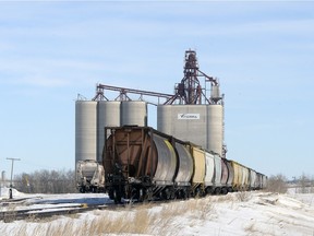 Grain cars are lined up at the sidings at the Viterra Grain terminal east of Pilot Butte in 2014. Some farm groups are calling for the restoration of the Canadian Wheat Board to co-ordinate logistics for the grain transportation system.