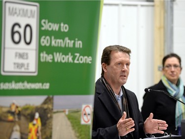 Regina Mayor Michael Fougere speaks during a briefing on the Bypass project just west of Regina in a shop on the Broda Construction compound south of the Trans-Canada Highway in Regina on Monday.