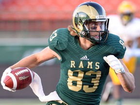 University of Regina Rams receiver Riley Wilson, shown here during a game in 2014, is heading to a CFL regional combine Monday with Rams defensive back Mason Rossler.