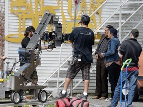 Filming of a scene for Corner Gas: The Movie in Regina in 2014.