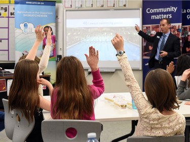 Farm Credit Canada president and CEO Mike Hoffart talks to grade 3 and 4 students at Connaught Community School taking part in hands-on activities as a part of the Agriculture in the Classroom program.  The program aims to increase student understanding and appreciation of agriculture and the role it plays in Saskatchewan.