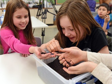 Freyja Gunningham and Kaira Barabonoff check out canola as part of a hands-on activity with the Agriculture in the Classroom program.