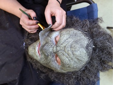 Leo Fafard in the midst of his 2-hour makeup transformation into WolfCop by make-up artist Pamela Warden at the Soundstage in Regina.