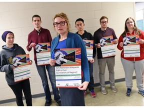 Megan Smith (centre) and her students — (from left) Kaitlyn Secuur, Justin Cooney, Sean Xiao He, Sheldon Brown and Caitlin Wood — are participating in Tuesday's Wikipedia edit-a-thon for International Women's Day.