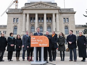 MARCH 08, 2016 – NDP Leader Cam Broten surrounded by Regina NDP candidates makes a campaign announcement in front of the Saskatchewan Legislative building in Regina.