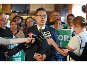 Saskatchewan Green Party leader Victor Lau kicking off the Green's election campaign at Abstractions Café in Regina.