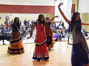 From left, Simranjit Bhatti, Padma Nepal, Miras Salem and Deepa Rathour all students at F.W. Johnson Collegiate participating in the Indian Dance during Diversity Day celebrating the International Day for the Elimination of Racism on March 21, 2016.
