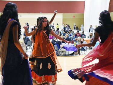 Padma Nepal (C), a grade 10 student at F.W. Johnson Collegiate along with school mates participating in the Indian Dance during Diversity Day celebrating the International Day for the Elimination of Racism on March 21, 2016.