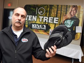 Tom Hamon, a Callie Curling Club ice maker,  with some flip flops, one of two items that were not stolen after a theft in the lounge area where prizes where stored for a youth spiel over the weekend.