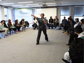 The executive director of the Multicultural Council of Saskatchewan, Rhonda Rosenberg, speaks to indigenous and newcomer youth in a three-day workshop called Building bridges Between Indigenous and Newcomer Youth.